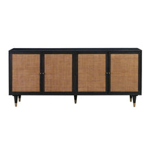 Black Rattan Cabinet With Doors And Brass Accents, A Boho Media Console