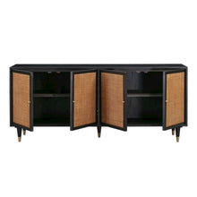 Black Rattan Cabinet With Doors And Brass Accents, A Boho Media Console