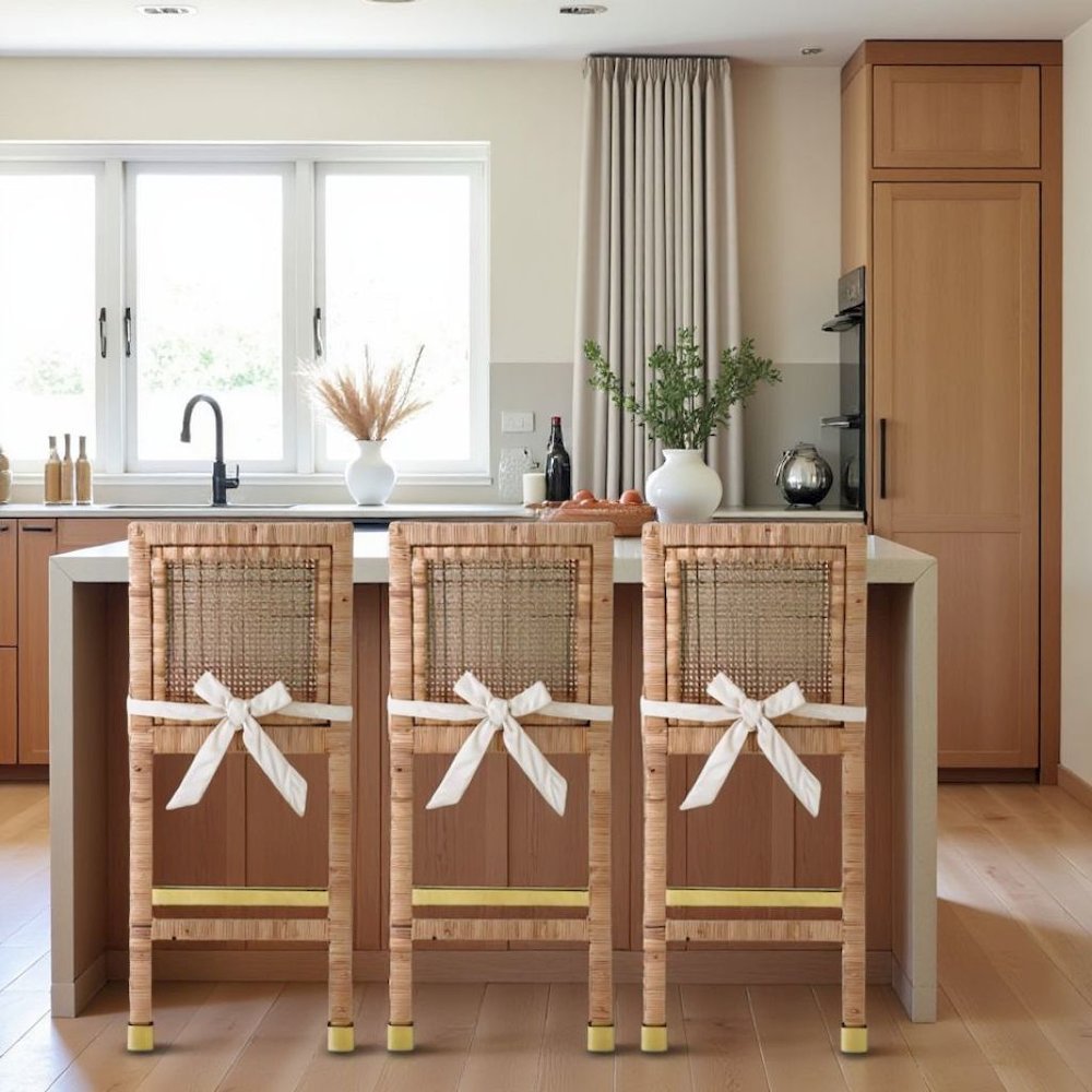 Rattan Counter Stool With White Fabric Seat And Light Wood Framed Back