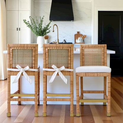 Rattan Counter Stool With White Fabric Seat And Light Wood Framed Back