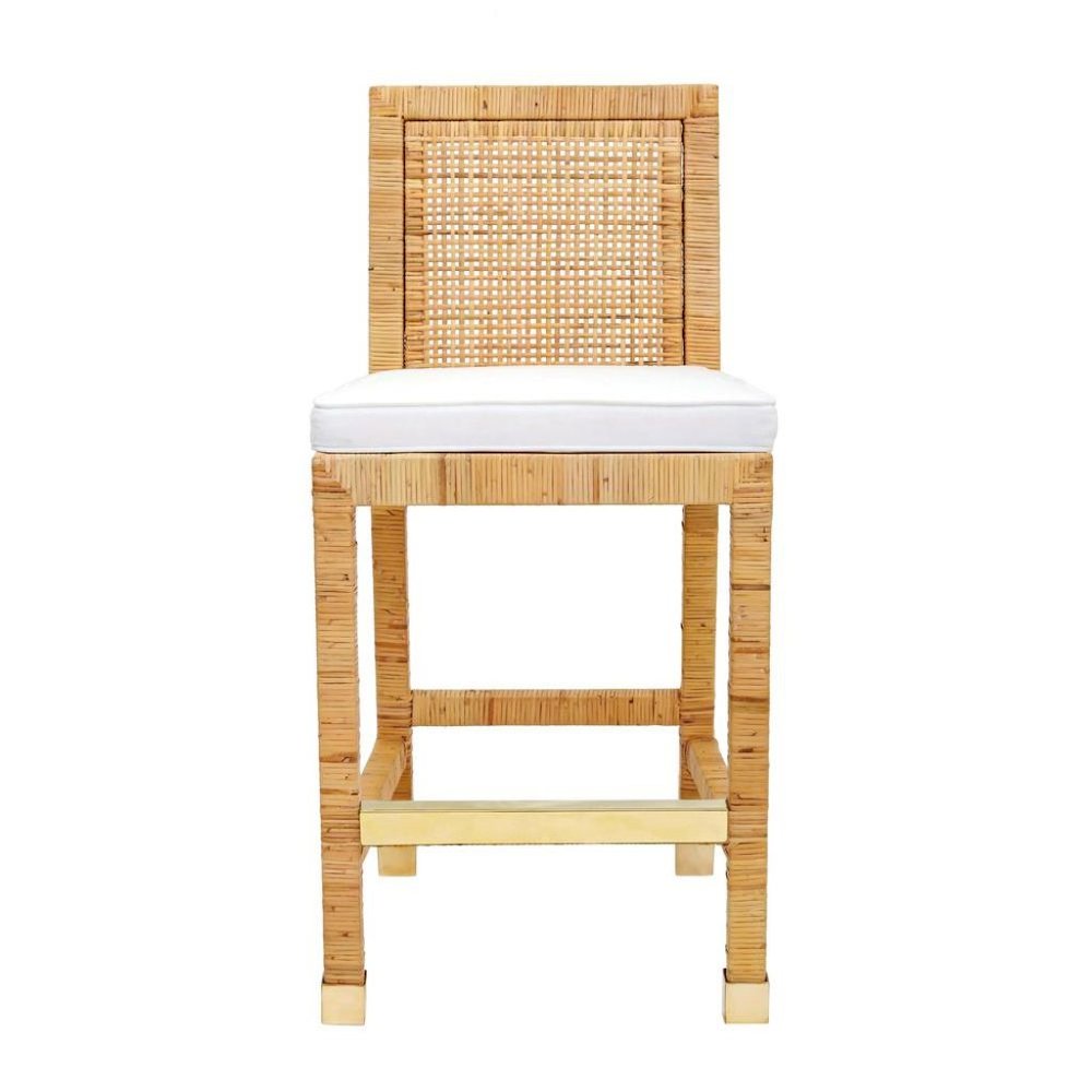 Rattan Counter Stool With White Fabric Seat And Light Wood Framed Back