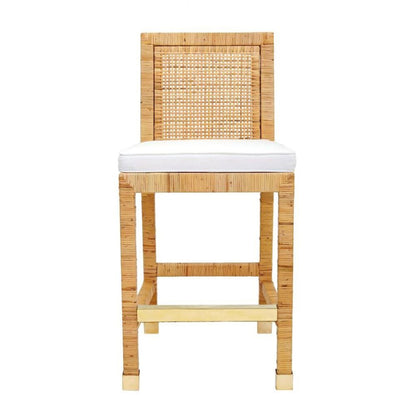 Rattan Counter Stool With White Fabric Seat And Light Wood Framed Back