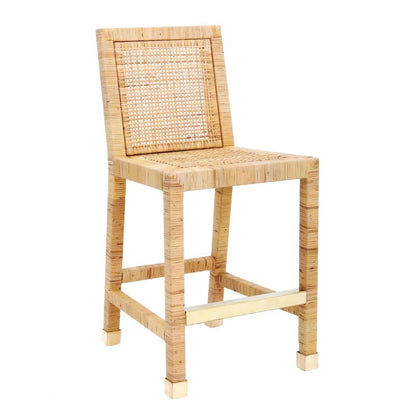 Rattan Counter Stool With White Fabric Seat And Light Wood Framed Back