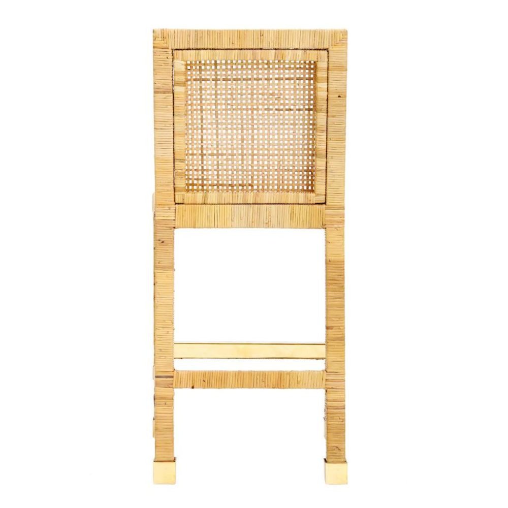 Rattan Counter Stool With White Fabric Seat And Light Wood Framed Back