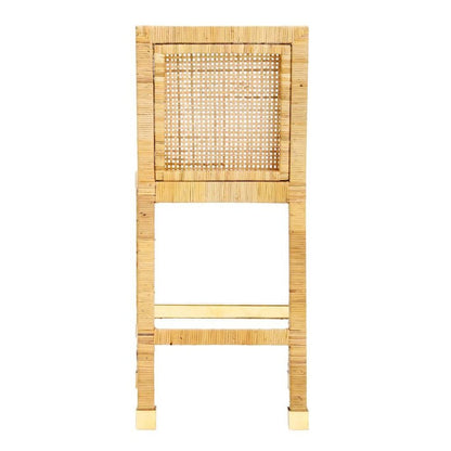 Rattan Counter Stool With White Fabric Seat And Light Wood Framed Back