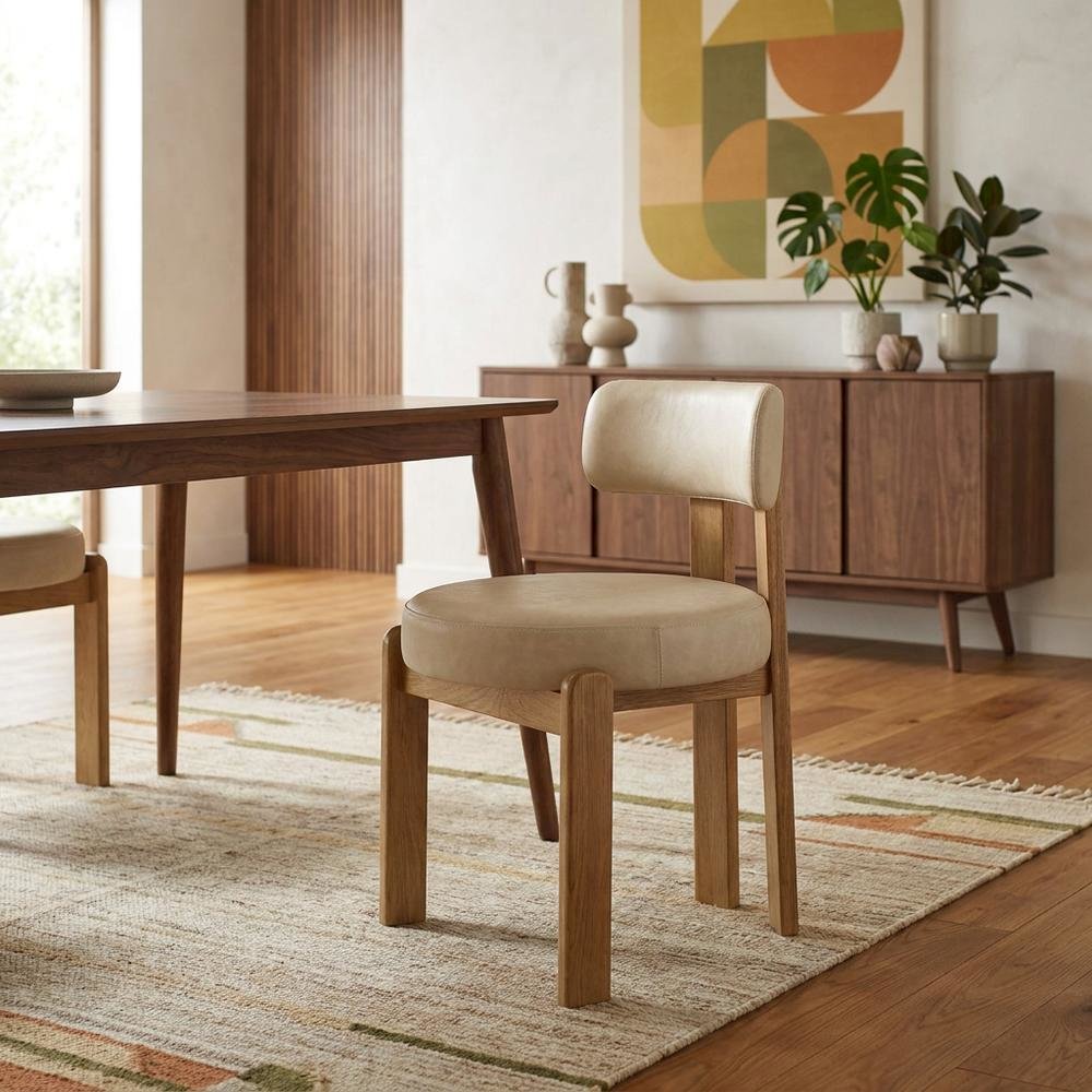 Faux Leather Dining Chair with Oak Legs for Dining Room, Cream