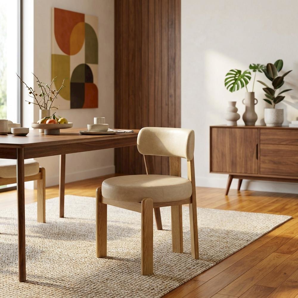 Faux Leather Dining Chair with Oak Legs for Dining Room, Cream