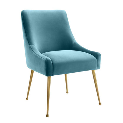 Velvet Side Chair in Sea Blue with Gold-Stainless Steel Legs and Fiber Foam Seat