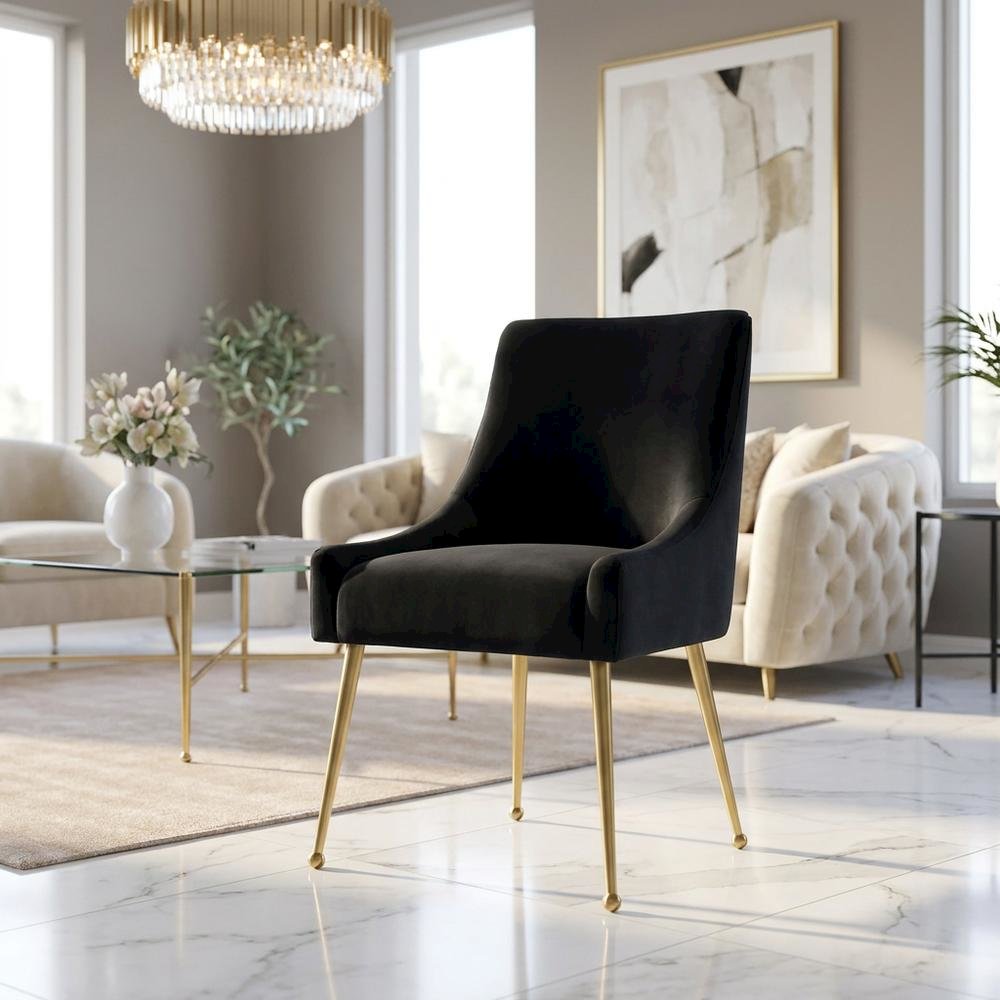 Velvet Upholstered Dining Chair with Gold Legs, Black