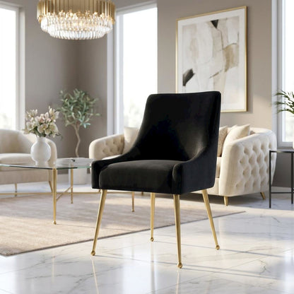 Velvet Upholstered Dining Chair with Gold Legs, Black