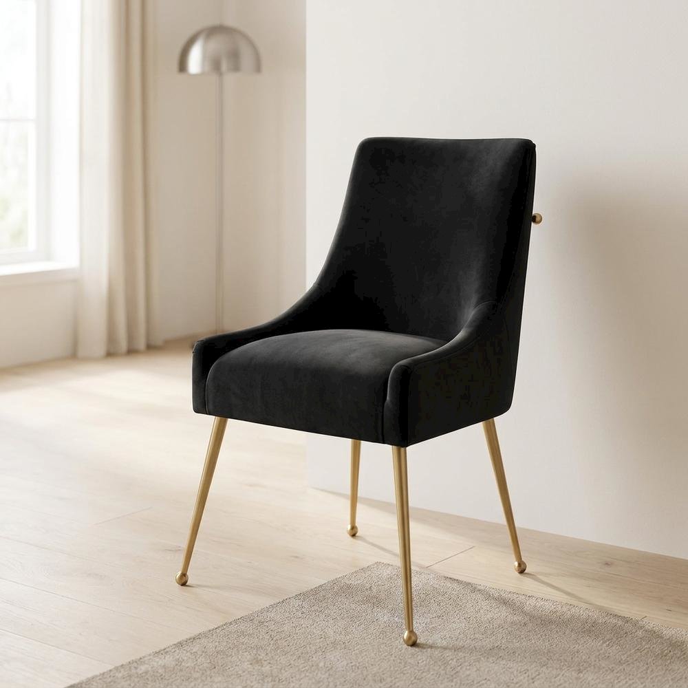 Velvet Upholstered Dining Chair with Gold Legs, Black