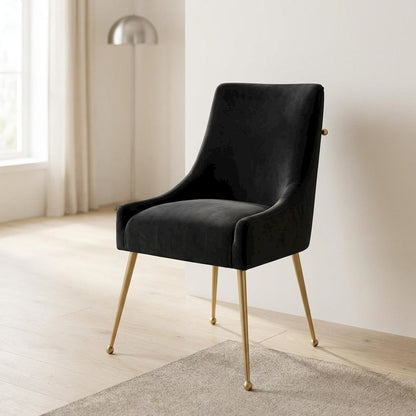 Velvet Upholstered Dining Chair with Gold Legs, Black