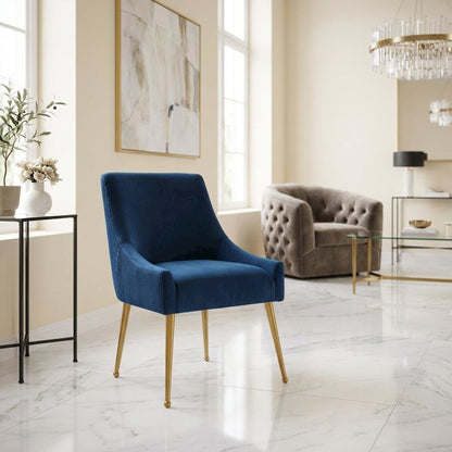 Beatrix Velvet Side Chair with Pleated Back and Gold-Leg Accent for Living Room
