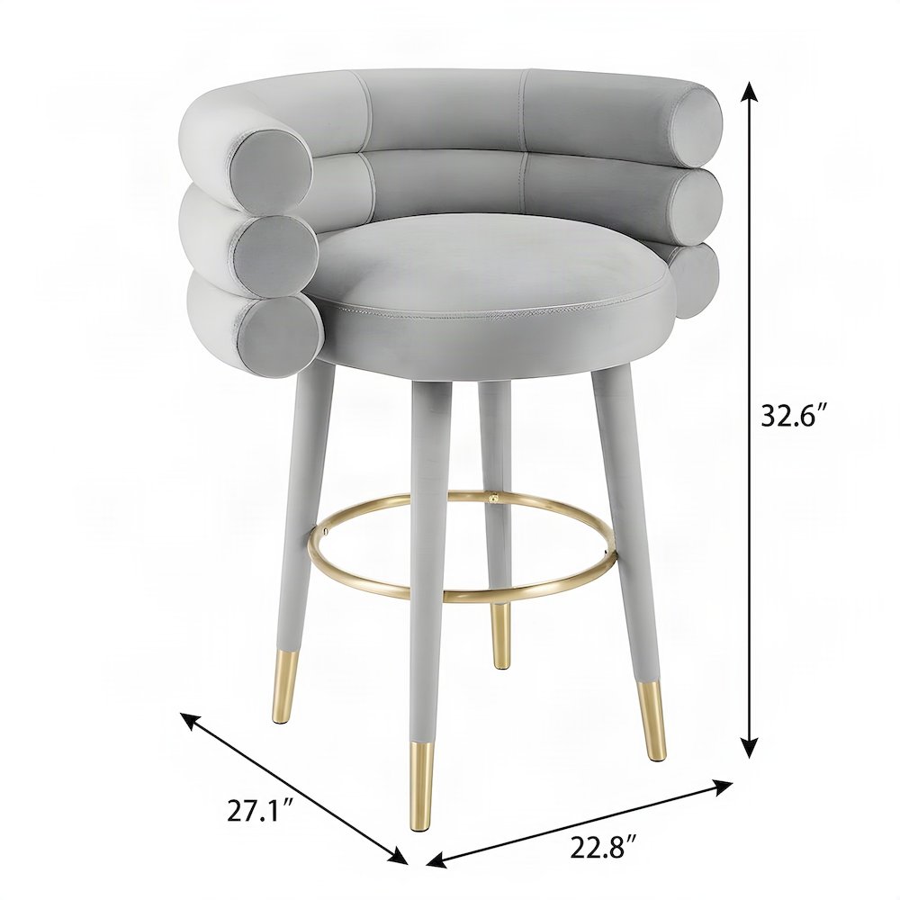Velvet-Upholstered Counter Stool with Fiber Foam Seat for Kitchen Island, Grey