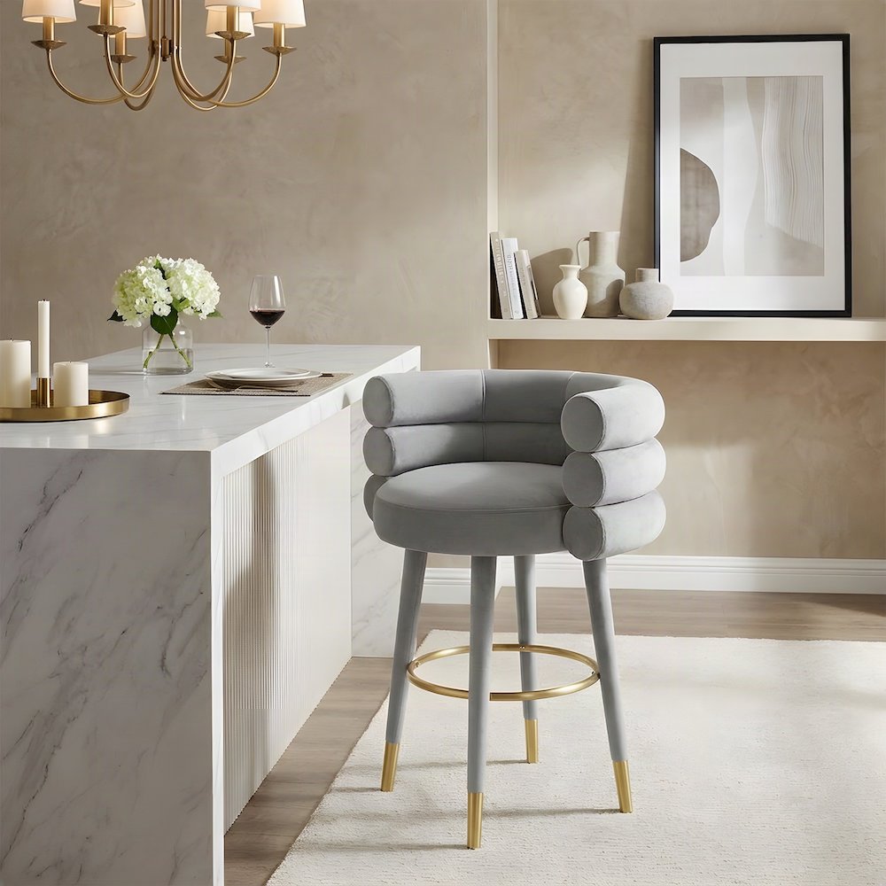 Velvet-Upholstered Counter Stool with Fiber Foam Seat for Kitchen Island, Grey