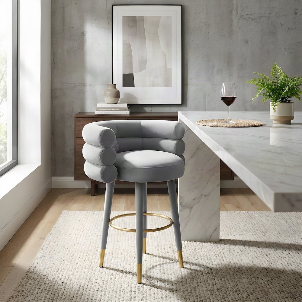 Velvet-Upholstered Counter Stool with Fiber Foam Seat for Kitchen Island, Grey