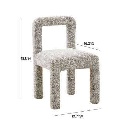 Gray boucle fabric dining chair with fiber-wrapped foam seat and plywood support