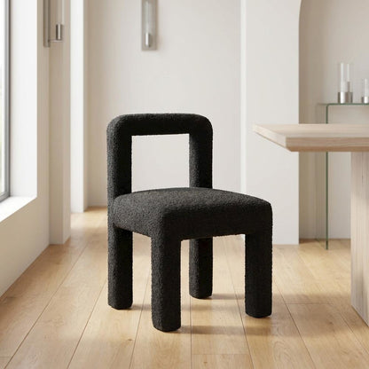 Boucle Upholstered Dining Chair with Pine Legs for Kitchen or Dining Room, Black