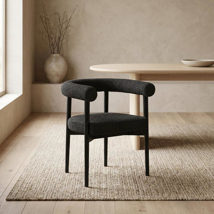 Boucle Upholstered Dining Chair with Ash Wood Legs for Dining Room, Black