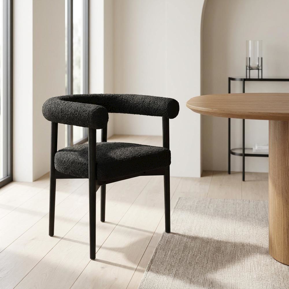 Boucle Upholstered Dining Chair with Ash Wood Legs for Dining Room, Black