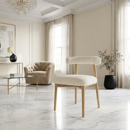 Boucle Accent Chair with Ash Wood Legs for Living Room or Bedroom, Cream