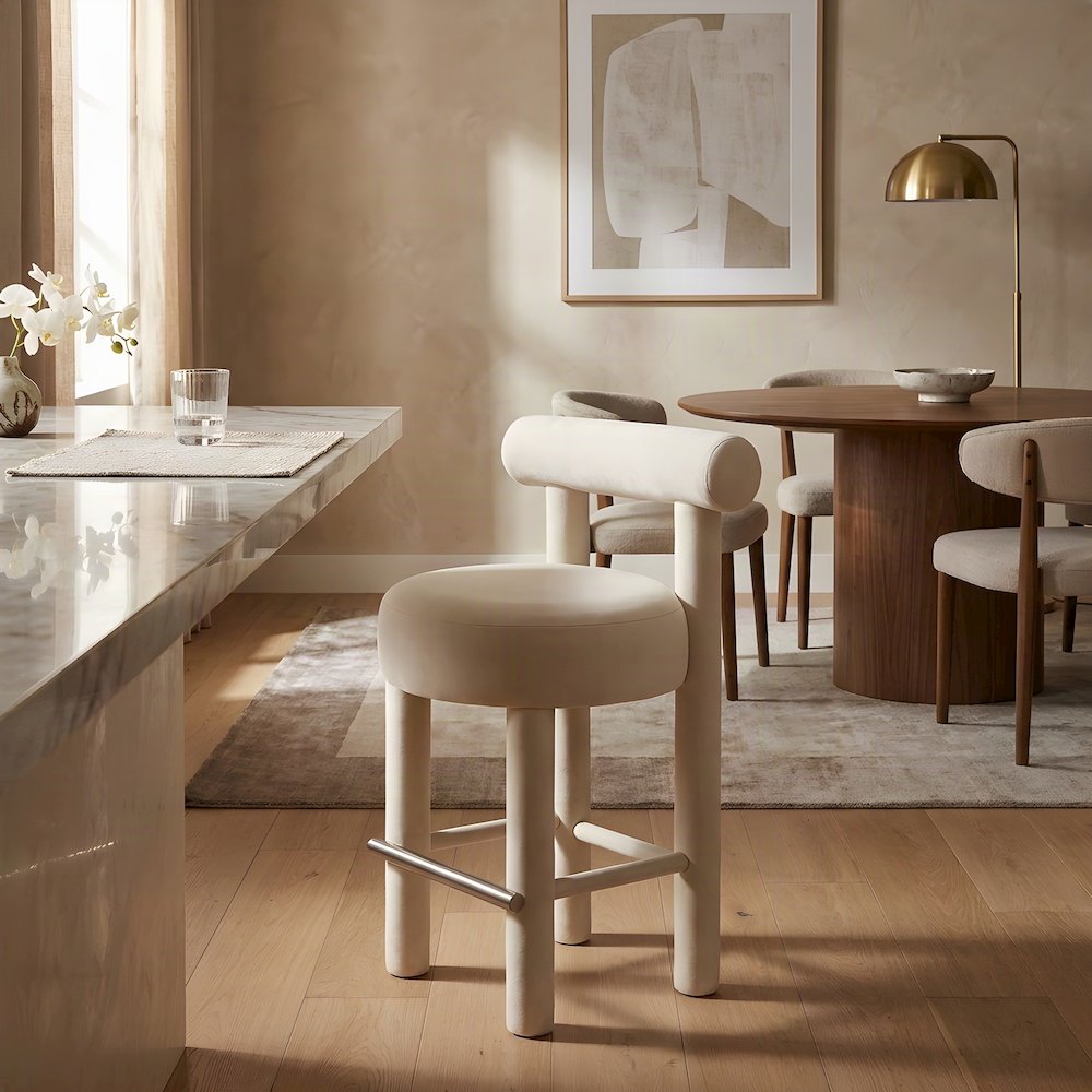 Velvet-Upholstered Counter Height Bar Stool with Rubberwood Legs, Cream