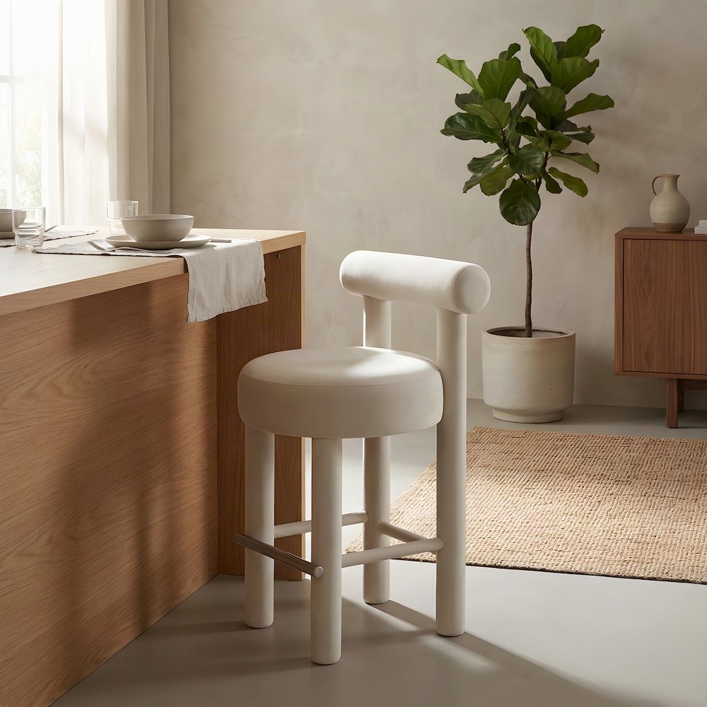 Velvet-Upholstered Counter Height Bar Stool with Rubberwood Legs, Cream