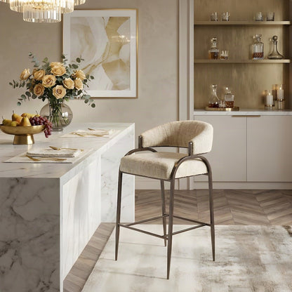 Boucle-Upholstered Counter Stool with Bronze Stainless Steel Legs, Taupe