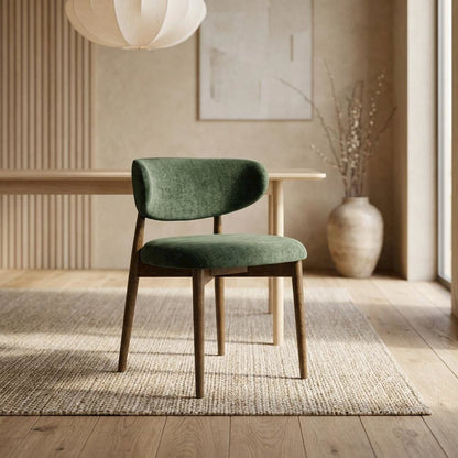 Textured Velvet Upholstered Dining Chair with Oak Legs, Forest Green