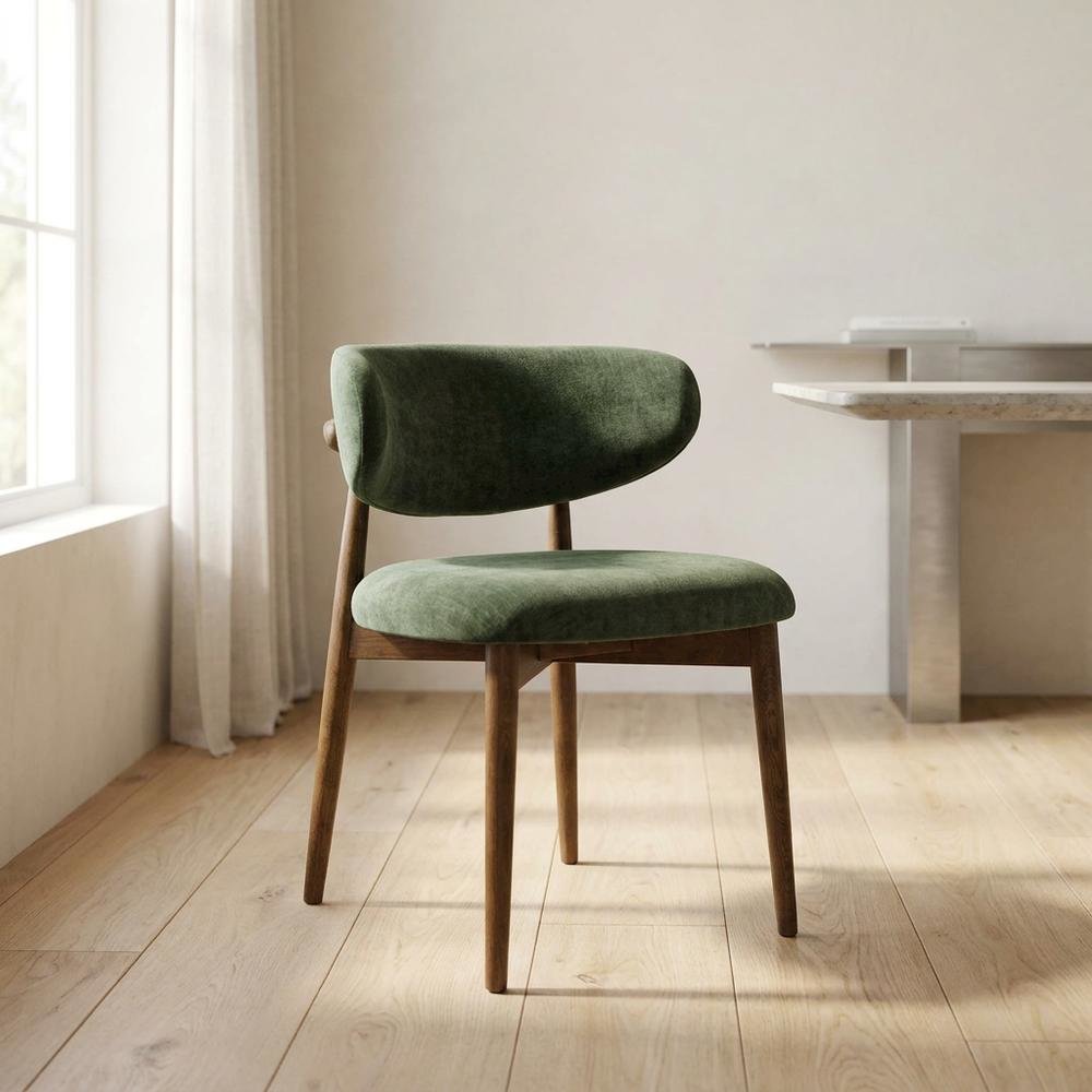 Textured Velvet Upholstered Dining Chair with Oak Legs, Forest Green