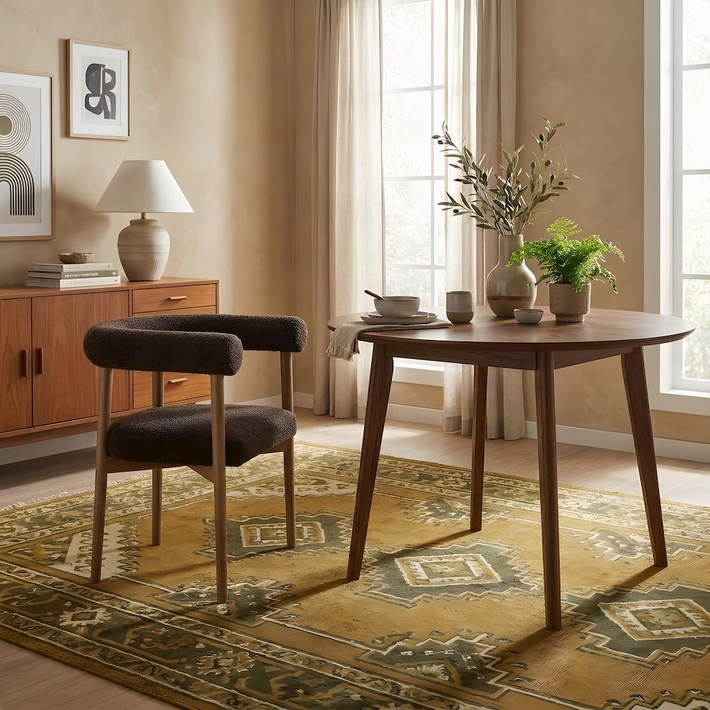 Boucle Upholstered Dining Chair with Ash Wood Legs for Kitchen, Chocolate Brown
