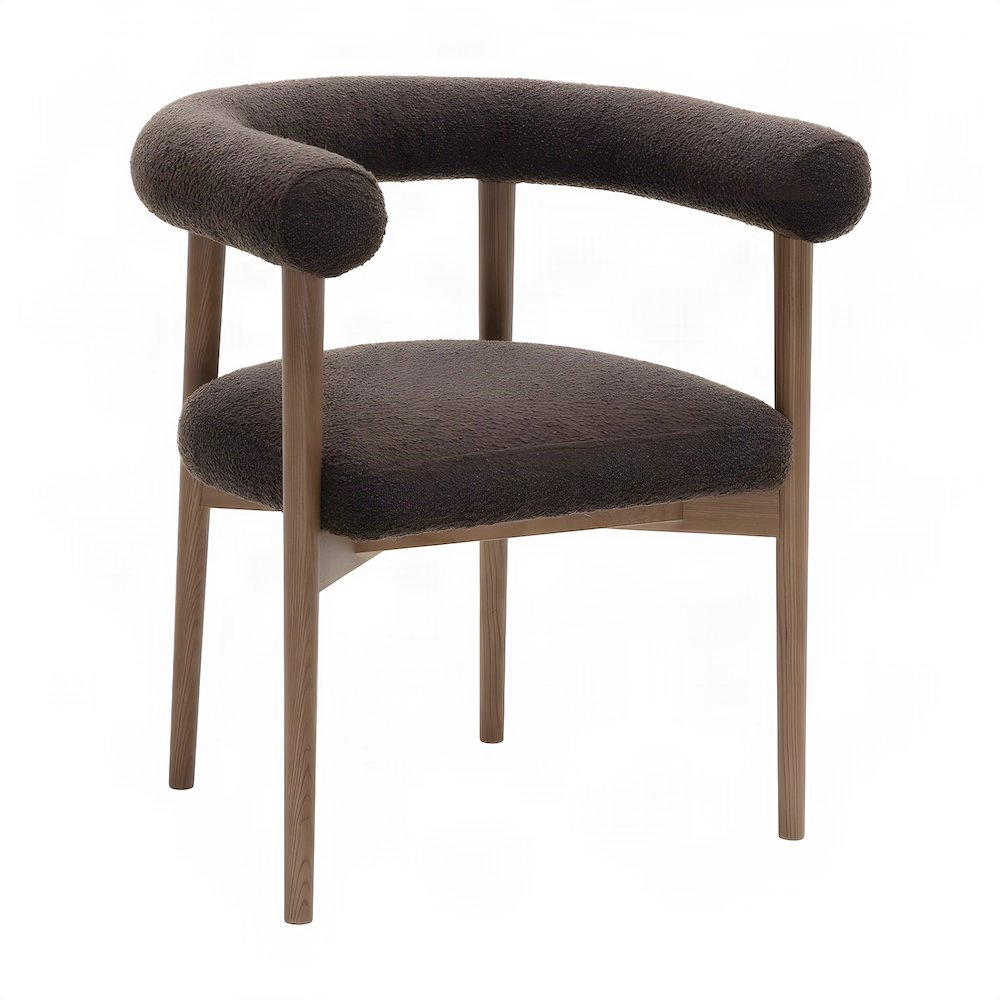 Boucle Upholstered Dining Chair with Ash Wood Legs for Kitchen, Chocolate Brown