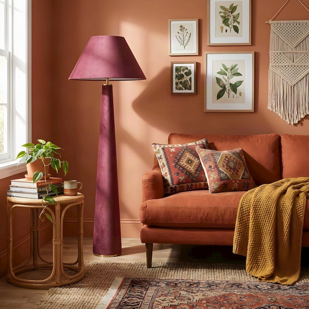 Velvet Standing Floor Lamp with Push-Button Switch, E26 LED-Compatible, Burgundy
