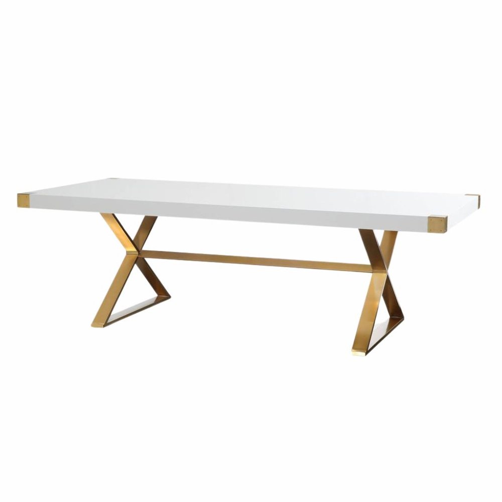White Wood Dining Table With Gold Stainless Steel Base And Modern Design