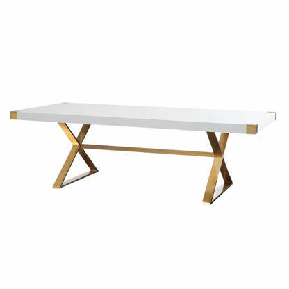 White Wood Dining Table With Gold Stainless Steel Base And Modern Design