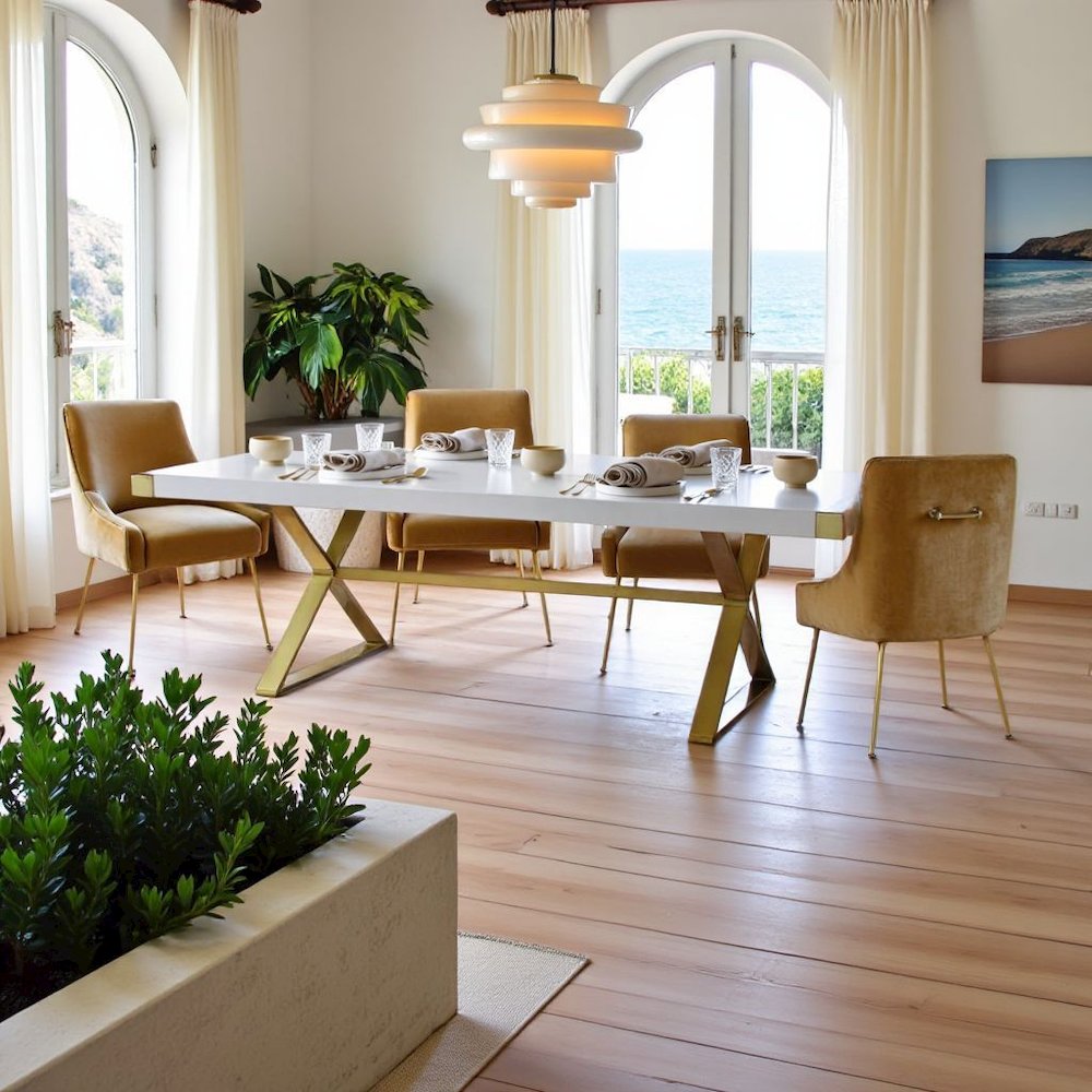 White Wood Dining Table With Gold Stainless Steel Base And Modern Design