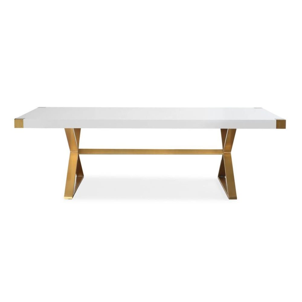 White Wood Dining Table With Gold Stainless Steel Base And Modern Design