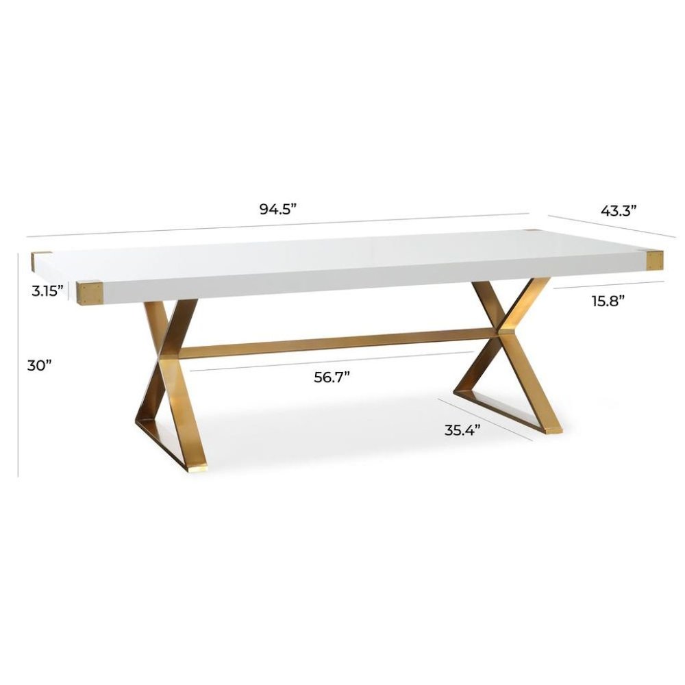 White Wood Dining Table With Gold Stainless Steel Base And Modern Design