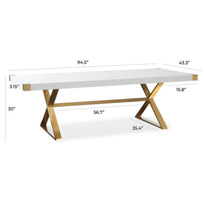 White Wood Dining Table With Gold Stainless Steel Base And Modern Design