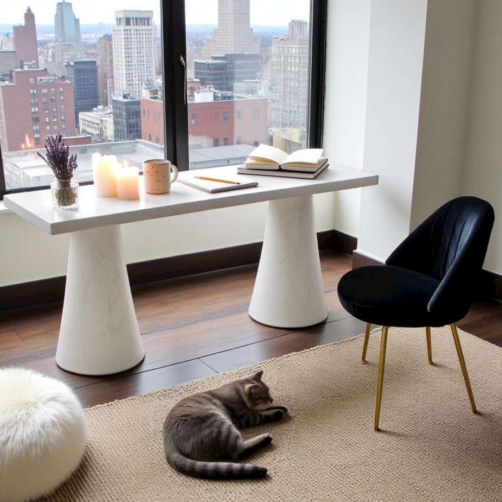 White Faux Plaster Modern Desk With Sculptural Shape And Minimalist Form