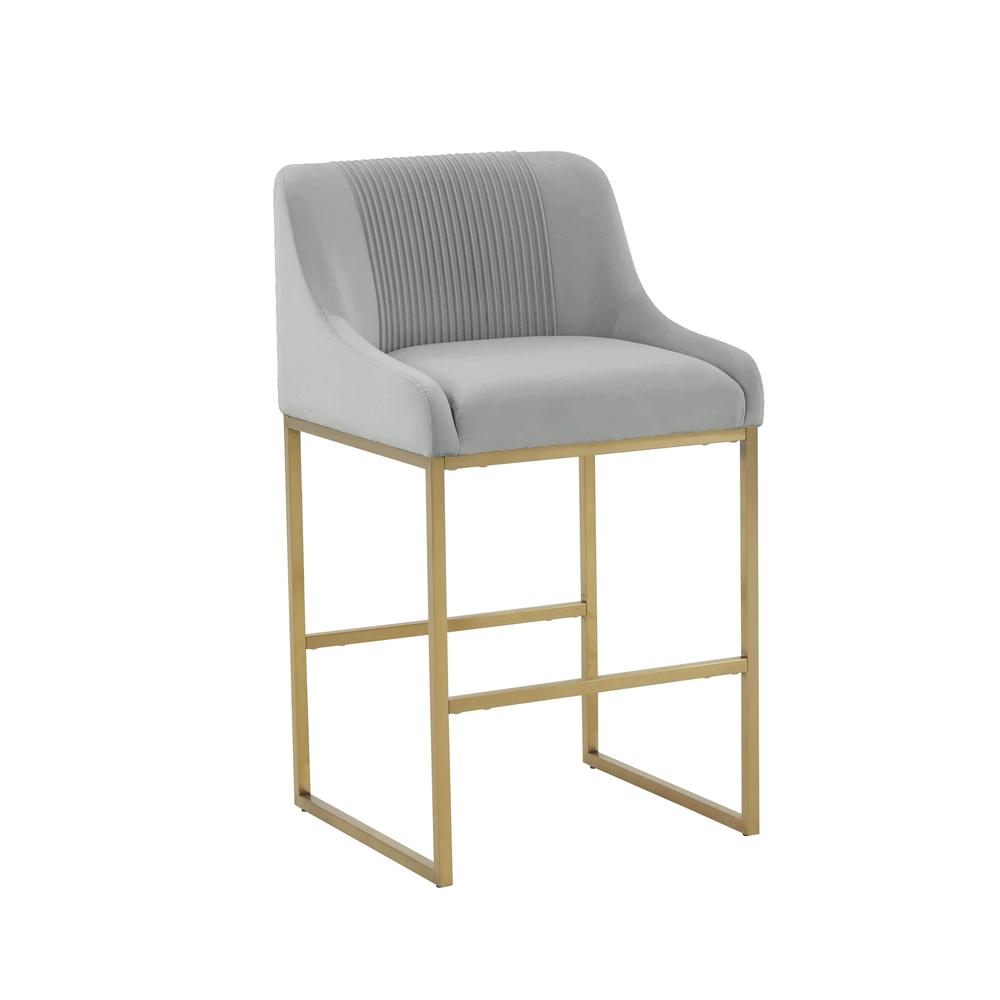Grey Pleated Velvet Counter Stool with Gold Legs and Modern Design