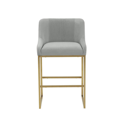 Grey Pleated Velvet Counter Stool with Gold Legs and Modern Design