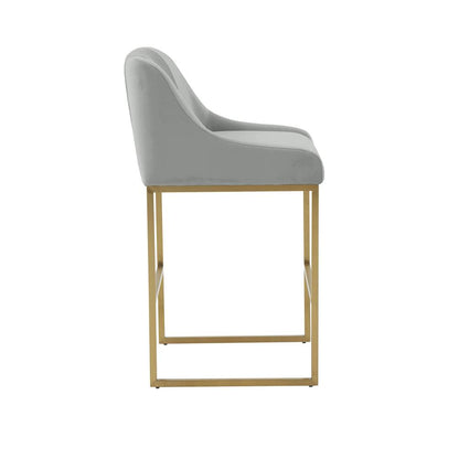 Grey Pleated Velvet Counter Stool with Gold Legs and Modern Design