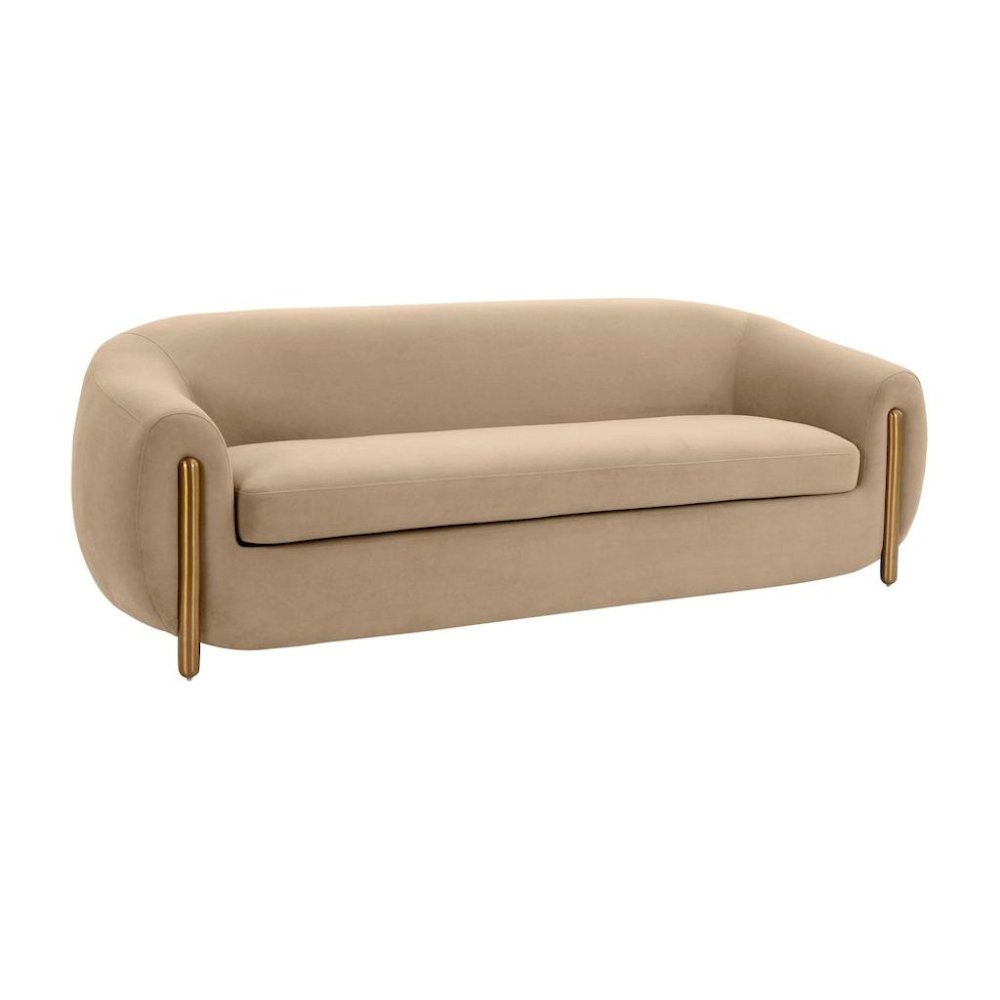 Brown Velvet 3 Seater Couch With Gold Legs And Wood Frame, Soft Upholstery