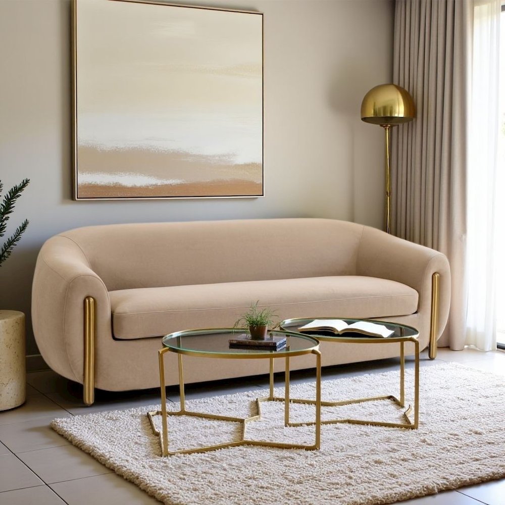 Brown Velvet 3 Seater Couch With Gold Legs And Wood Frame, Soft Upholstery
