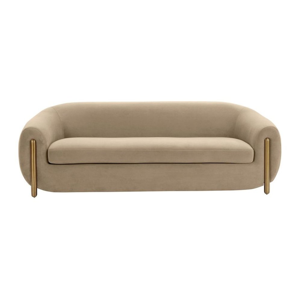 Brown Velvet 3 Seater Couch With Gold Legs And Wood Frame, Soft Upholstery
