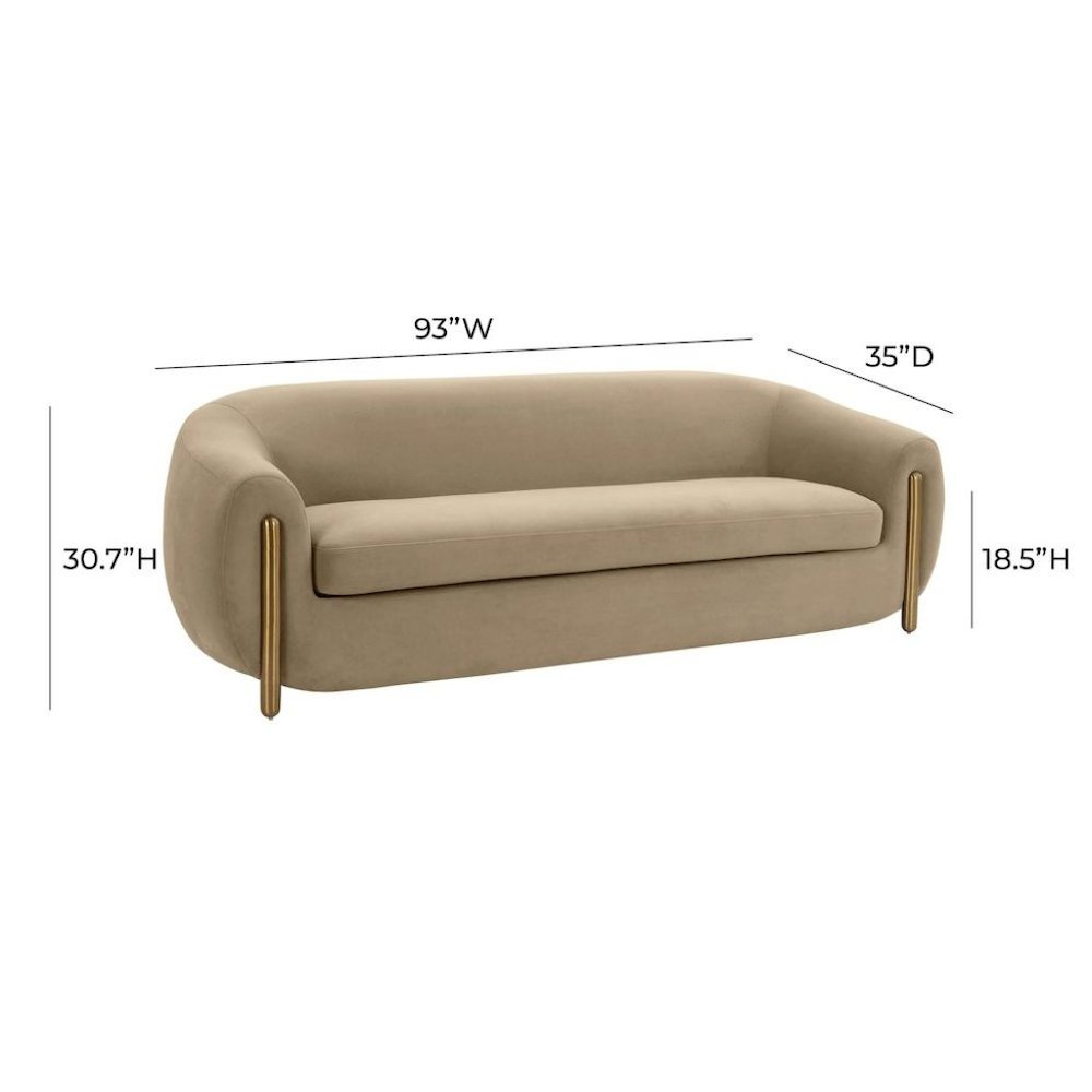 Brown Velvet 3 Seater Couch With Gold Legs And Wood Frame, Soft Upholstery