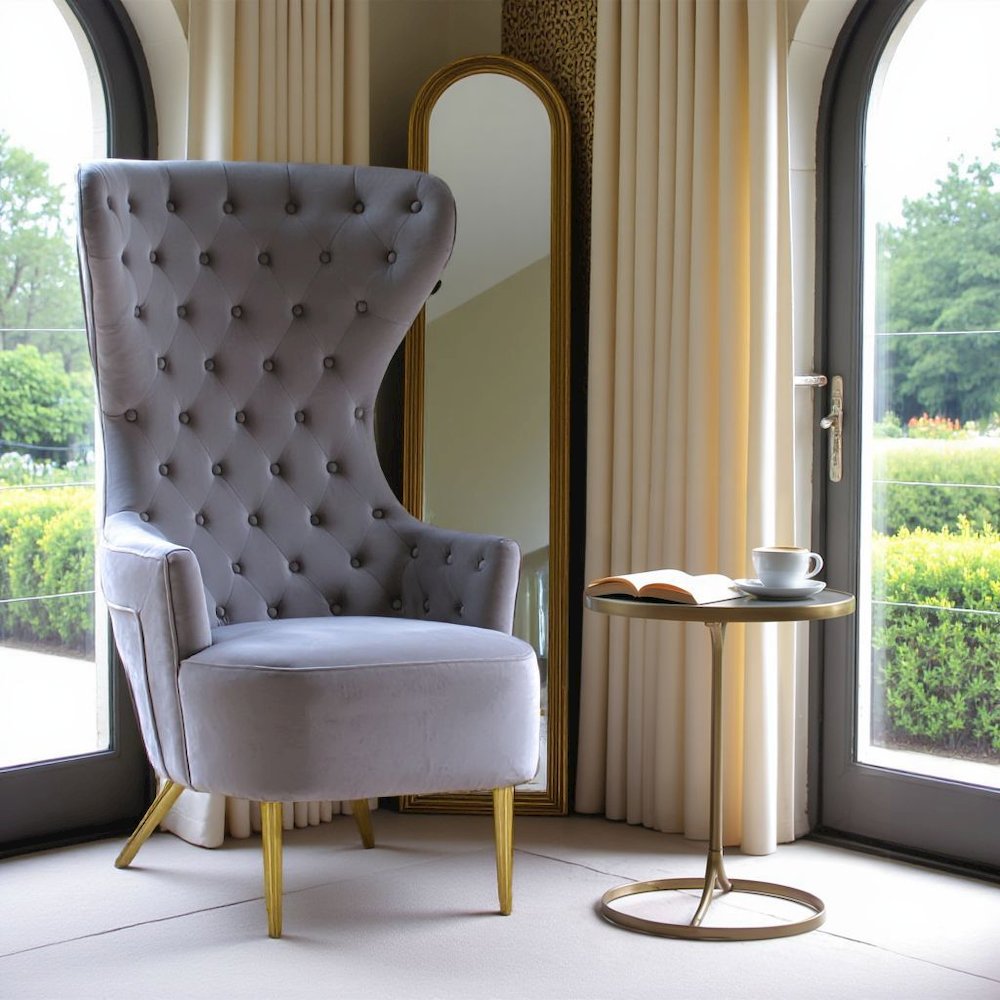 Gray Velvet Wingback Chair With Tall Back, Button Tufting, Gold Legs