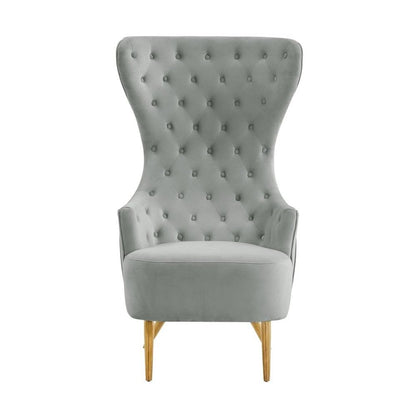 Gray Velvet Wingback Chair With Tall Back, Button Tufting, Gold Legs