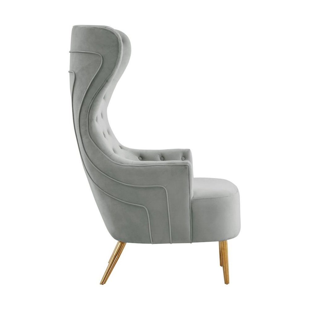 Gray Velvet Wingback Chair With Tall Back, Button Tufting, Gold Legs
